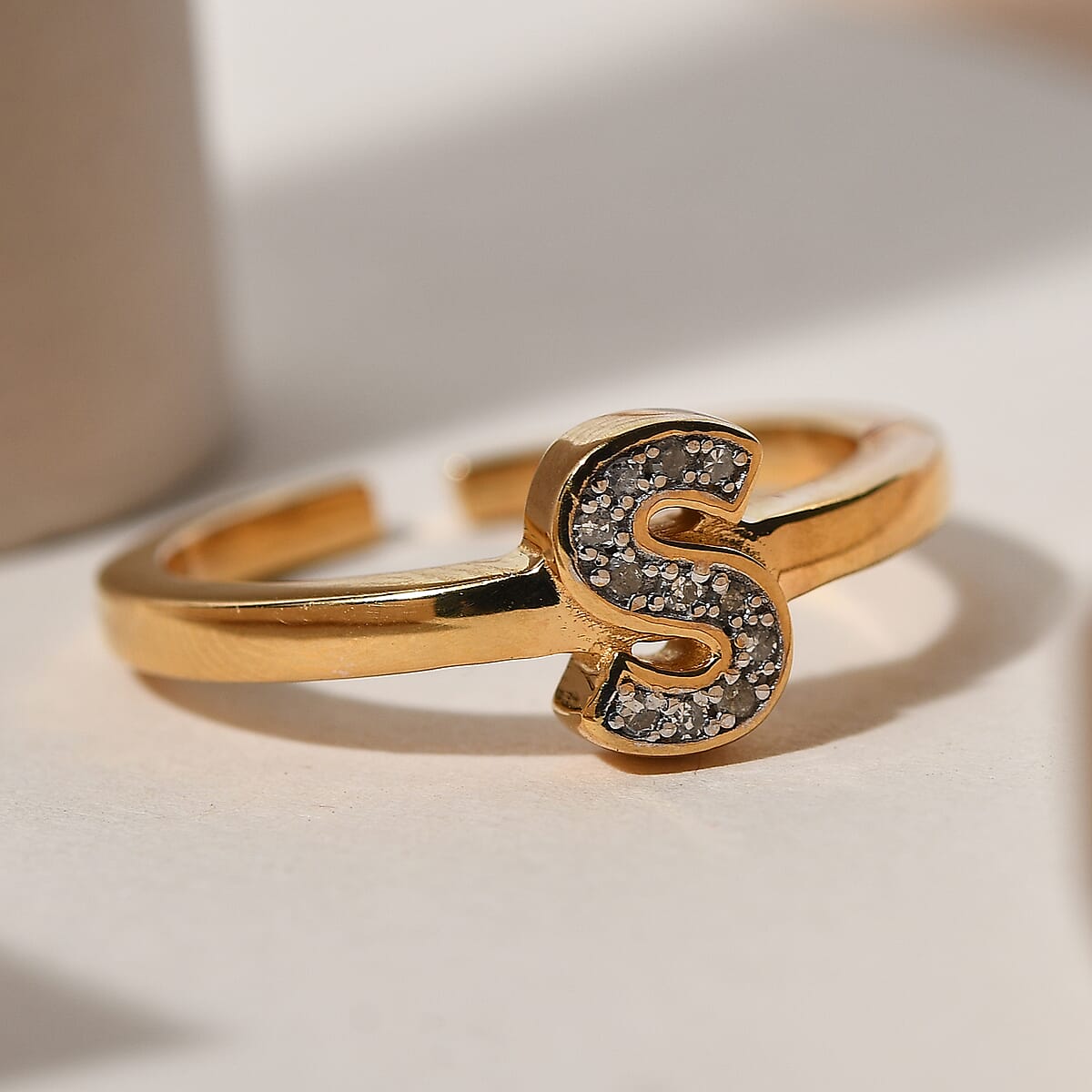 Diamond Initial S Open Band Ring in Vermeil Yellow Gold Over Sterling Silver (Size 7.0) 3 Grams 0.10 ctw image number 1