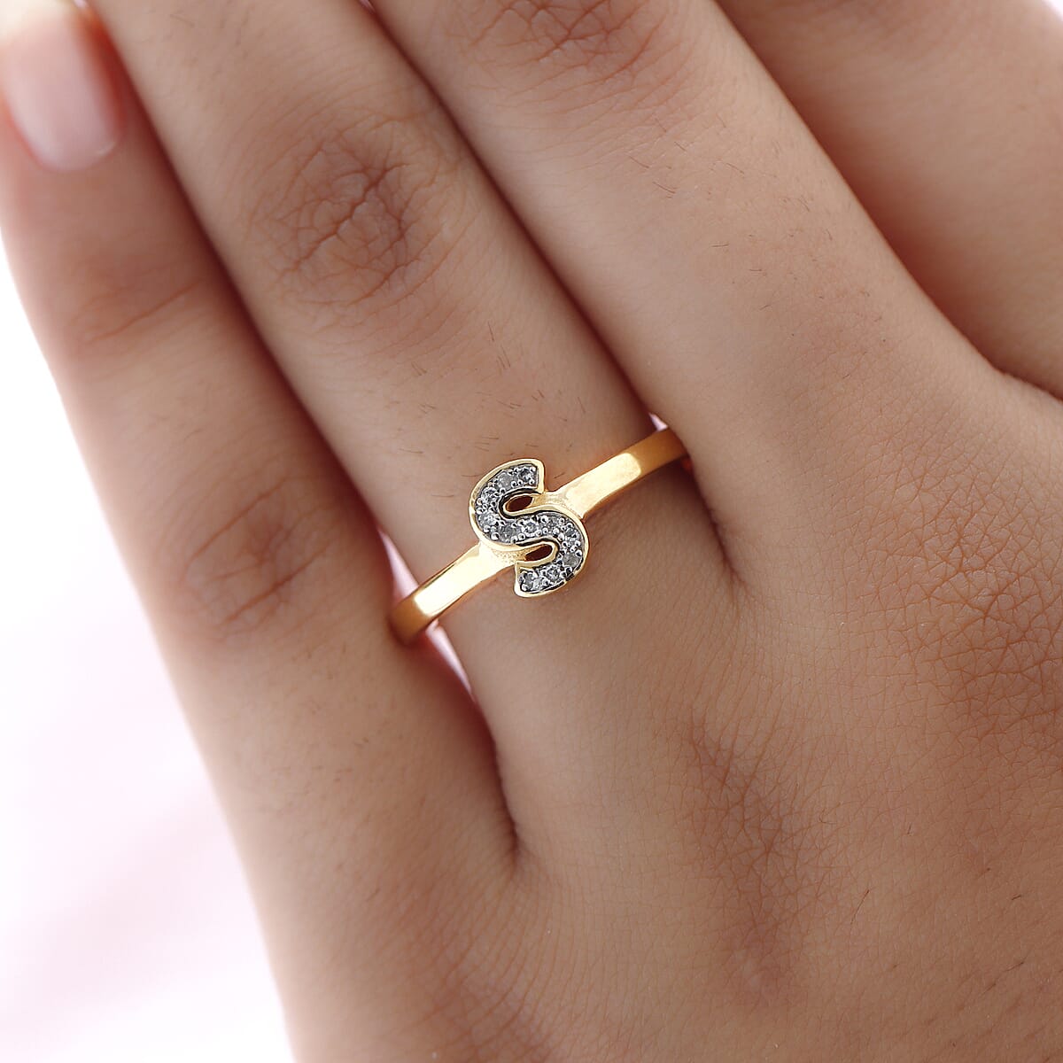 Diamond Initial S Open Band Ring in Vermeil Yellow Gold Over Sterling Silver (Size 7.0) 3 Grams 0.10 ctw image number 2