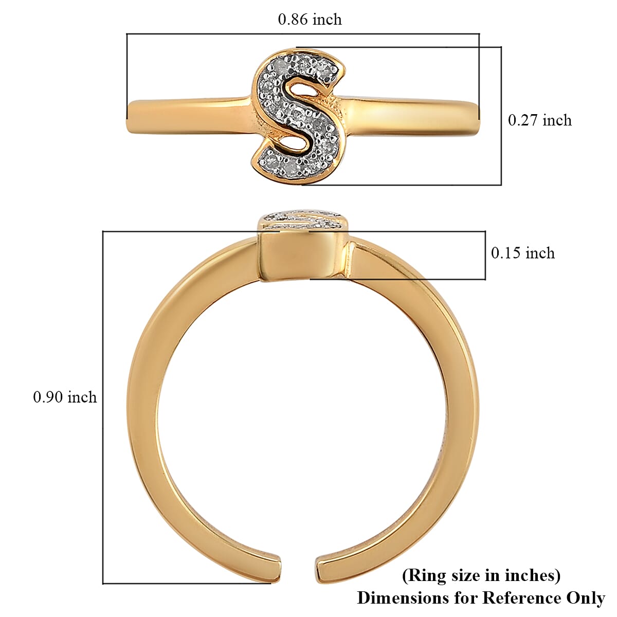 Diamond Initial S Open Band Ring in Vermeil Yellow Gold Over Sterling Silver (Size 7.0) 3 Grams 0.10 ctw image number 5