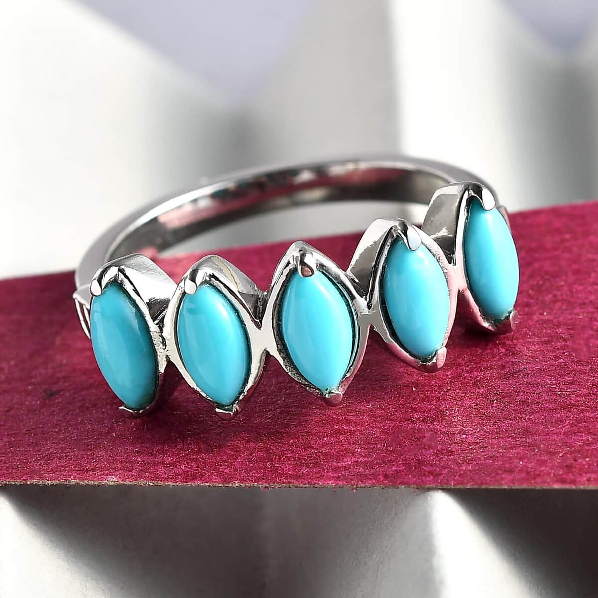 AMERICAN Natural Sleeping Beauty Turquoise 5 Stone Ring in Stainless Steel 1.00 ctw image number 1