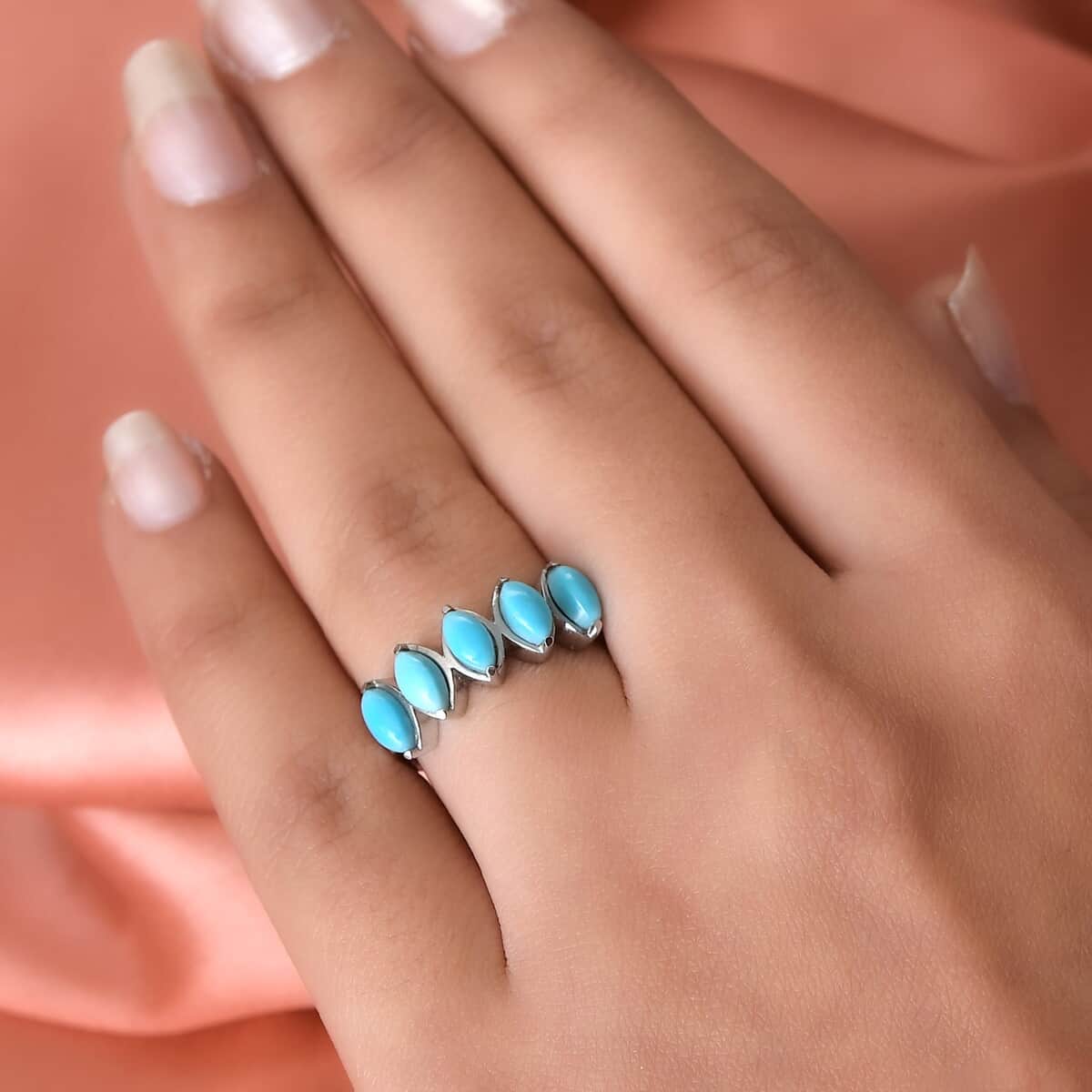 AMERICAN Natural Sleeping Beauty Turquoise 5 Stone Ring in Stainless Steel 1.00 ctw image number 2