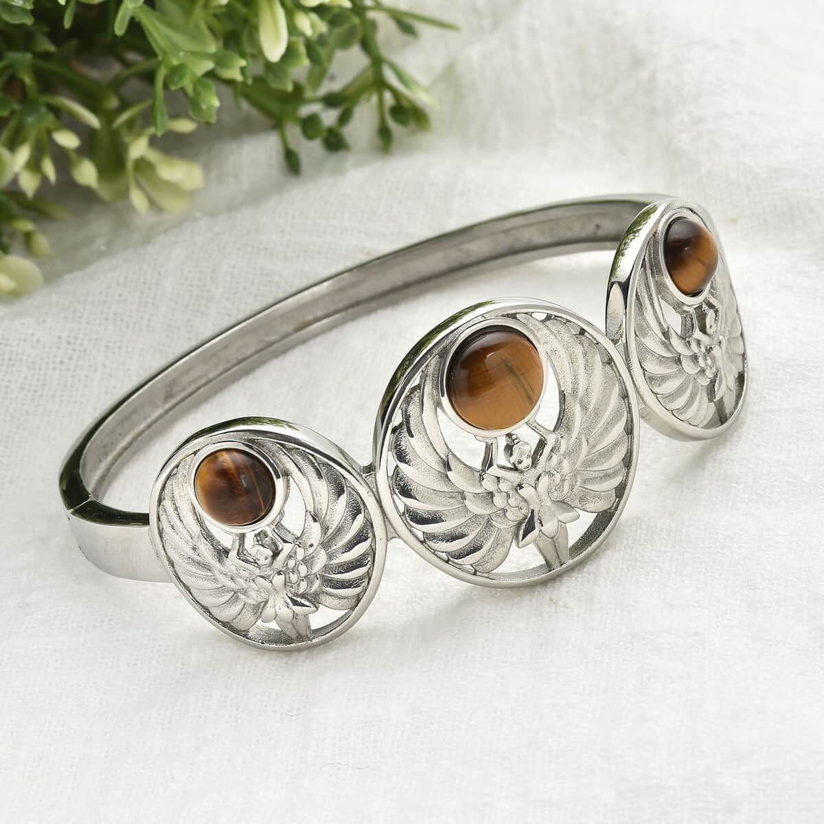 Yellow Tiger's Eye Angel Bangle Bracelet in Stainless Steel (7.25 In) 6.30 ctw image number 1