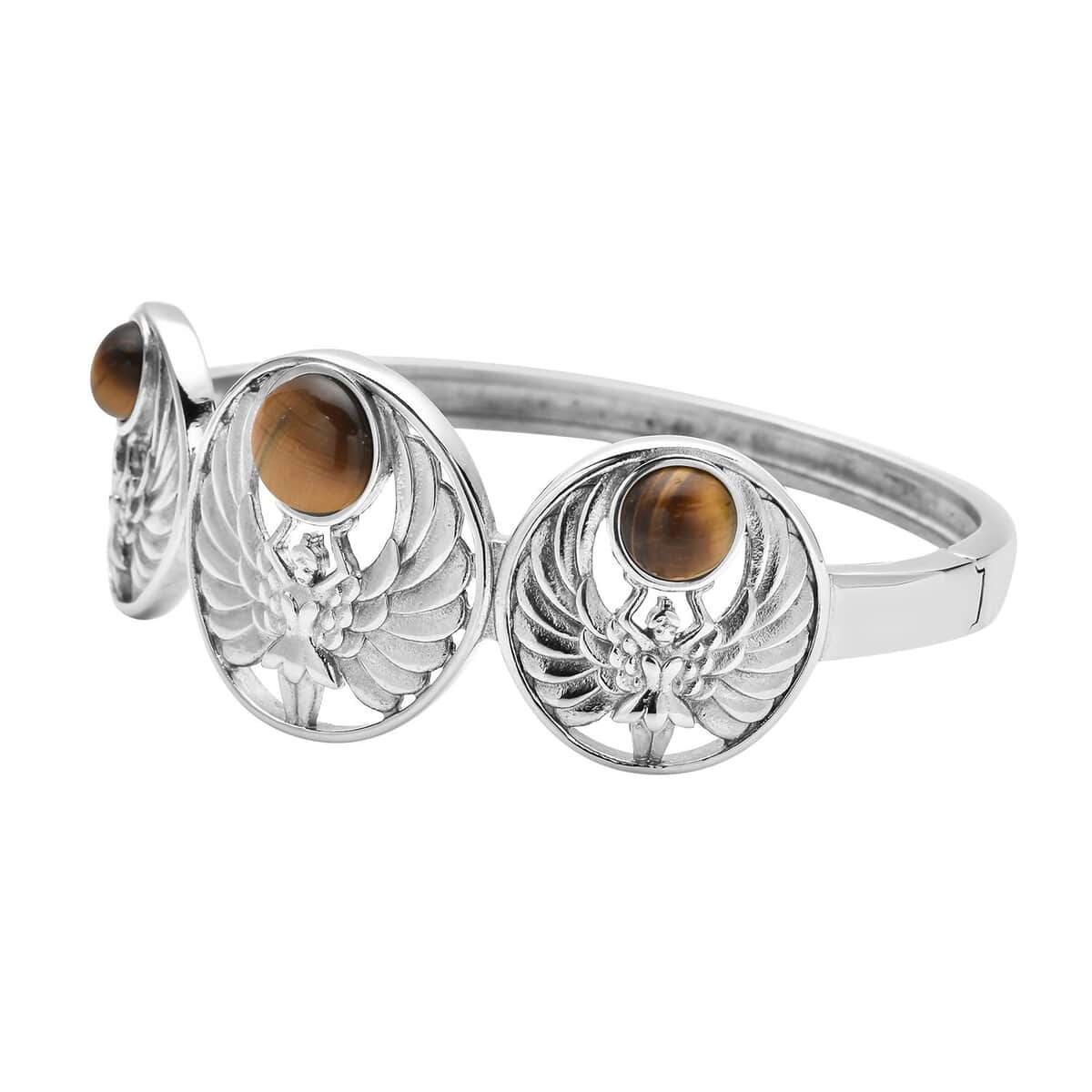 Yellow Tiger's Eye Angel Bangle Bracelet in Stainless Steel (7.25 In) 6.30 ctw image number 4