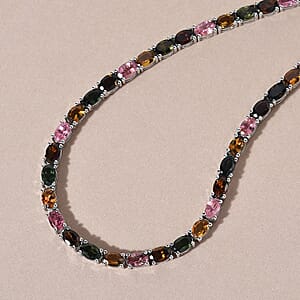 Multi-Tourmaline Tennis Necklace 18 Inches in Platinum Over Sterling Silver 29.25 ctw
