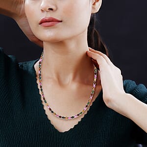 Multi-Tourmaline Tennis Necklace 18 Inches in Platinum Over Sterling Silver 29.25 ctw