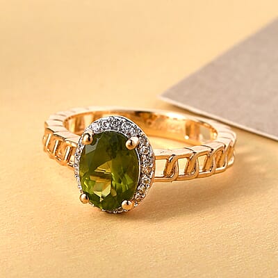 Arizona Peridot and White Zircon Curb Band Halo Ring in Vermeil Yellow Gold Over Sterling Silver (Size 7.0) 1.50 ctw