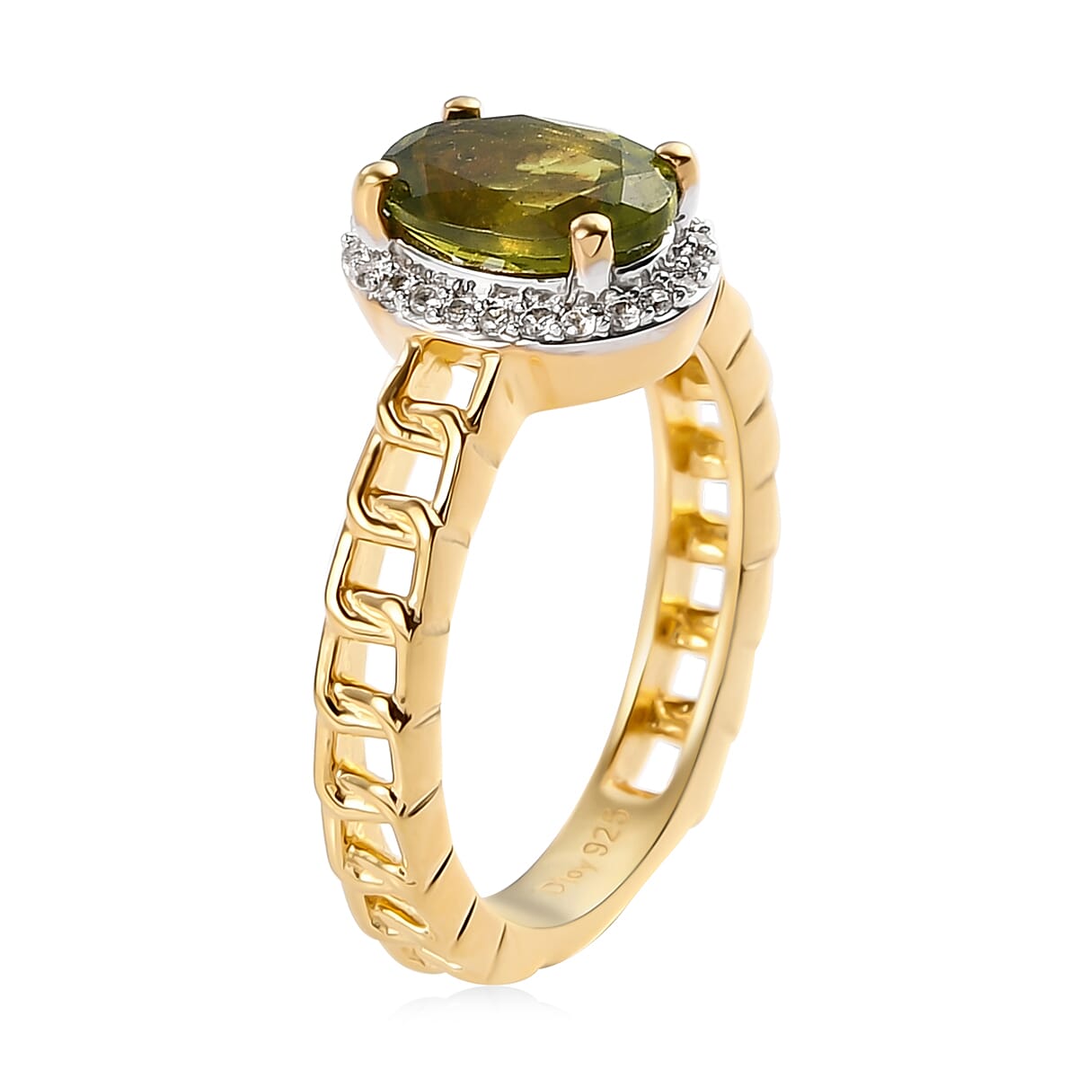 Arizona Peridot and White Zircon Curb Band Halo Ring in Vermeil Yellow Gold Over Sterling Silver (Size 7.0) 1.50 ctw
