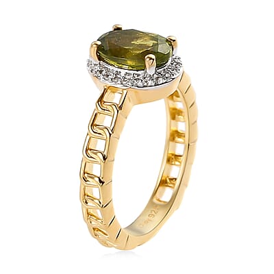 Arizona Peridot and White Zircon Curb Band Halo Ring in Vermeil Yellow Gold Over Sterling Silver (Size 7.0) 1.50 ctw