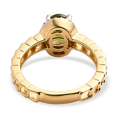 Arizona Peridot and White Zircon Curb Band Halo Ring in Vermeil Yellow Gold Over Sterling Silver (Size 7.0) 1.50 ctw