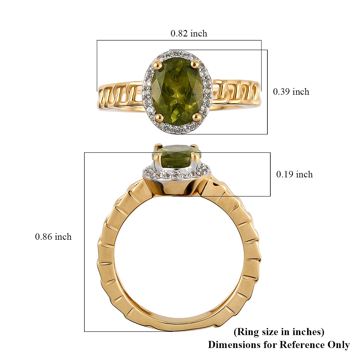 Arizona Peridot and White Zircon Curb Band Halo Ring in Vermeil Yellow Gold Over Sterling Silver (Size 7.0) 1.50 ctw