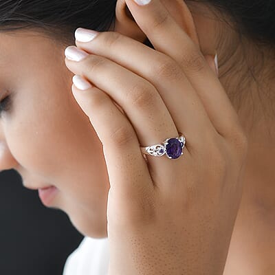 D'Joy African Amethyst and Simulated Amethyst Diamond 1.80 ctw Ring in Sterling Silver (Size 8.0)