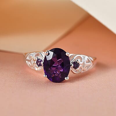 D'Joy African Amethyst and Simulated Amethyst Diamond 1.80 ctw Ring in Sterling Silver (Size 8.0)