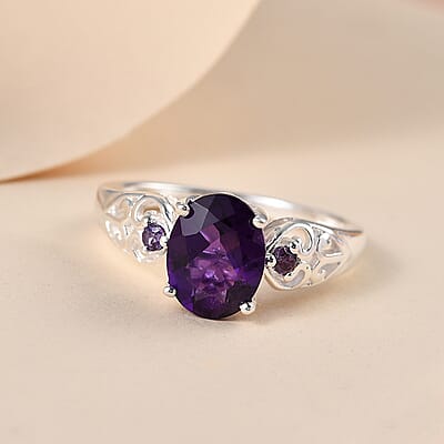 D'Joy African Amethyst and Simulated Amethyst Diamond 1.80 ctw Ring in Sterling Silver (Size 8.0)
