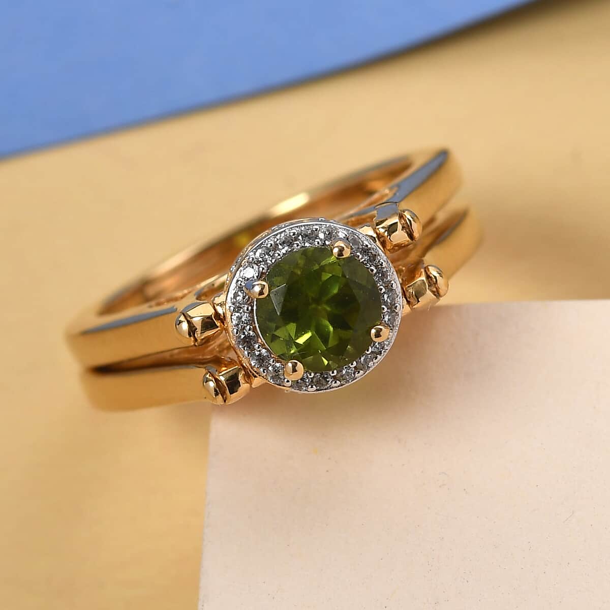American Natural Arizona Peridot and Natural White Zircon Reversible Ring in Vermeil Yellow Gold Over Sterling Silver (Size 5.0) 2.35 ctw image number 1