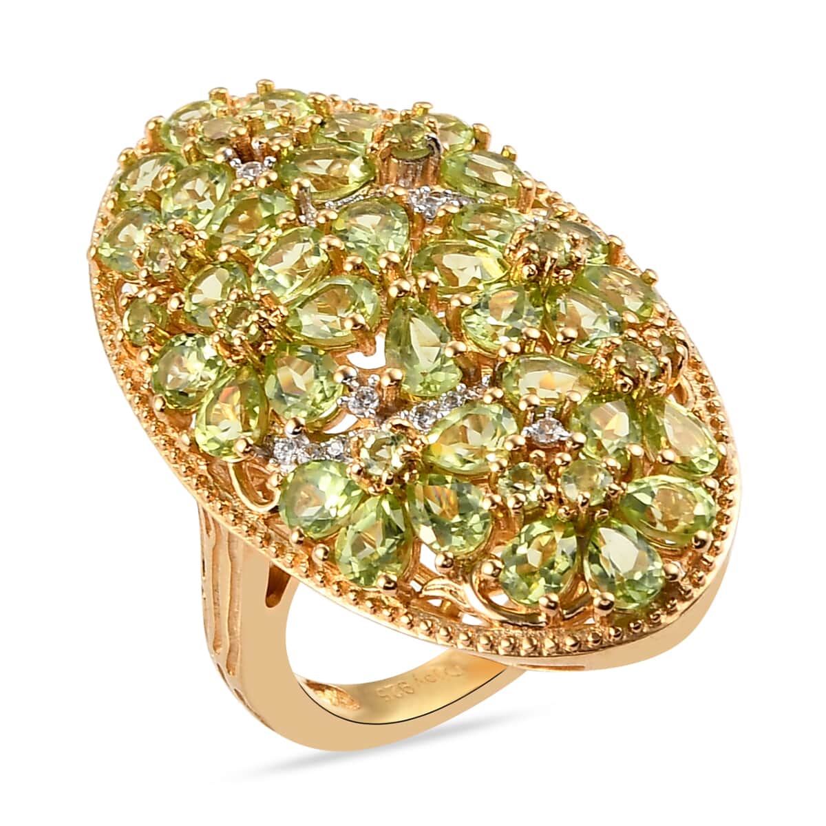 American Natural Arizona Peridot and Natural White Zircon Elongated Floral Ring in Vermeil Yellow Gold Over Sterling Silver (Size 6.0) 9.75 Grams 6.35 ctw image number 0