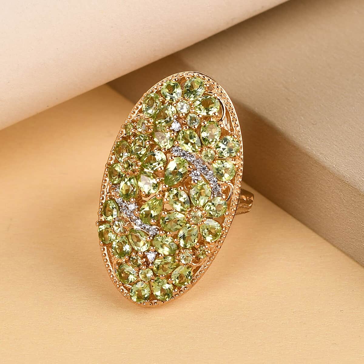 American Natural Arizona Peridot and Natural White Zircon Elongated Floral Ring in Vermeil Yellow Gold Over Sterling Silver (Size 6.0) 9.75 Grams 6.35 ctw image number 1