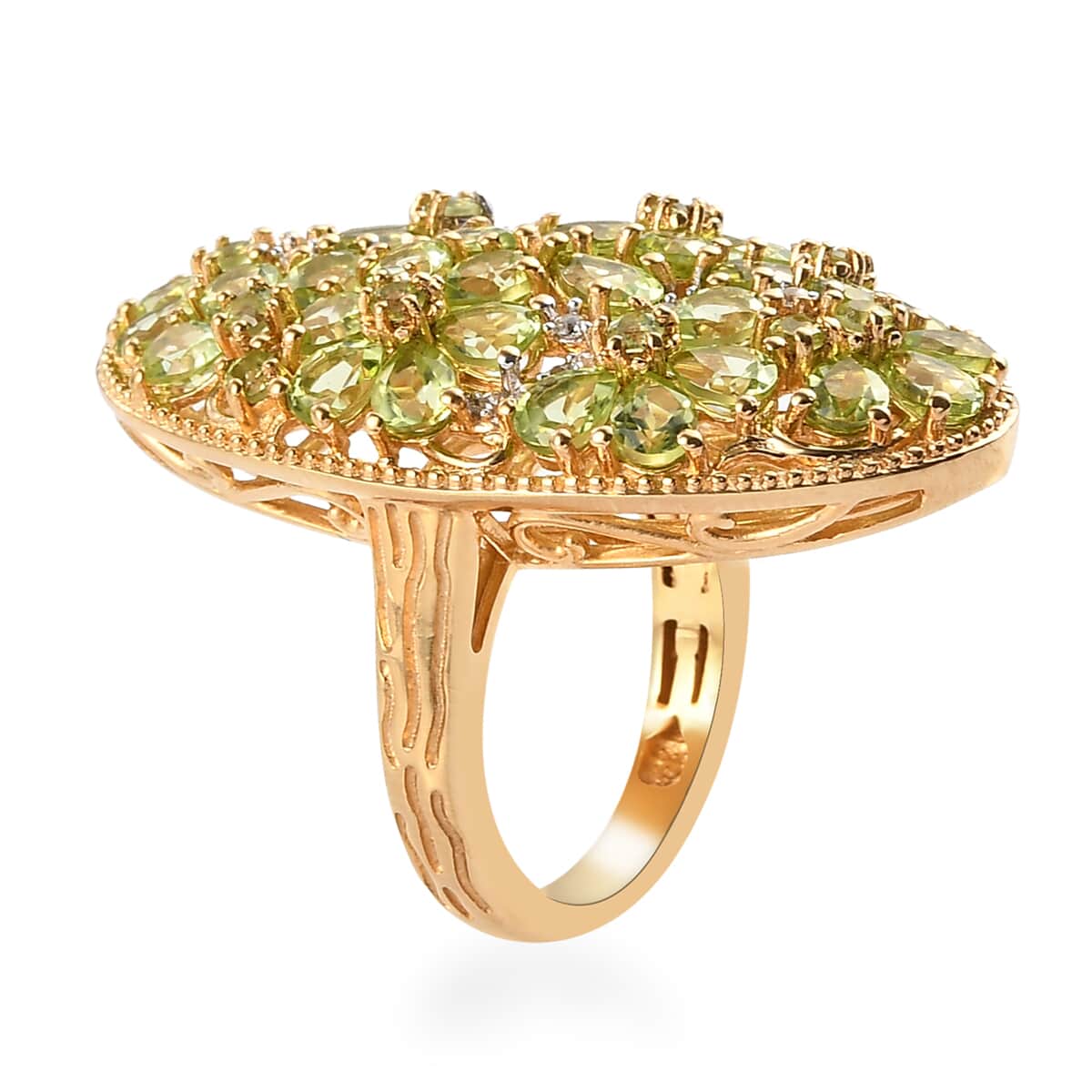 American Natural Arizona Peridot and Natural White Zircon Elongated Floral Ring in Vermeil Yellow Gold Over Sterling Silver (Size 6.0) 9.75 Grams 6.35 ctw image number 3