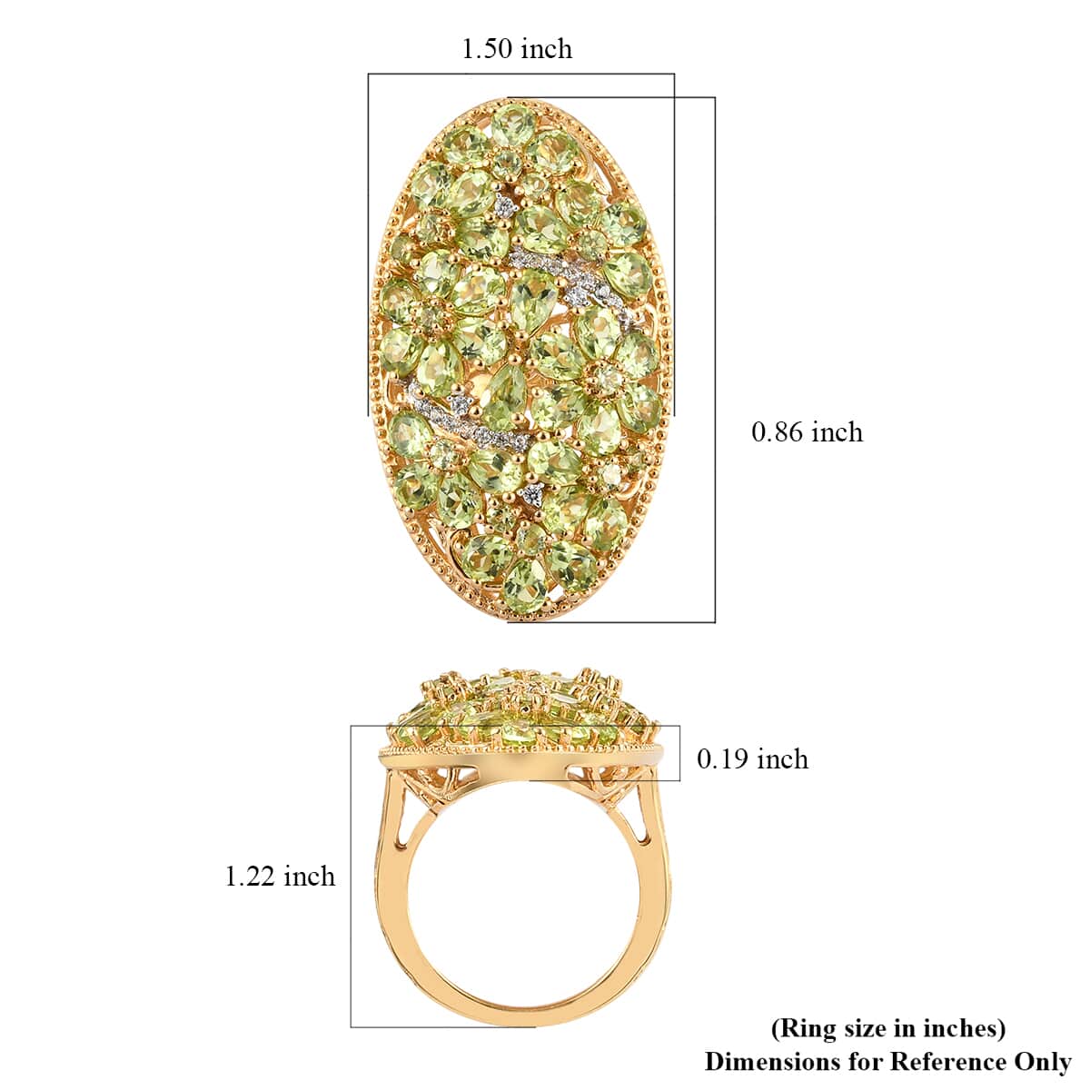 American Natural Arizona Peridot and Natural White Zircon Elongated Floral Ring in Vermeil Yellow Gold Over Sterling Silver (Size 6.0) 9.75 Grams 6.35 ctw image number 5