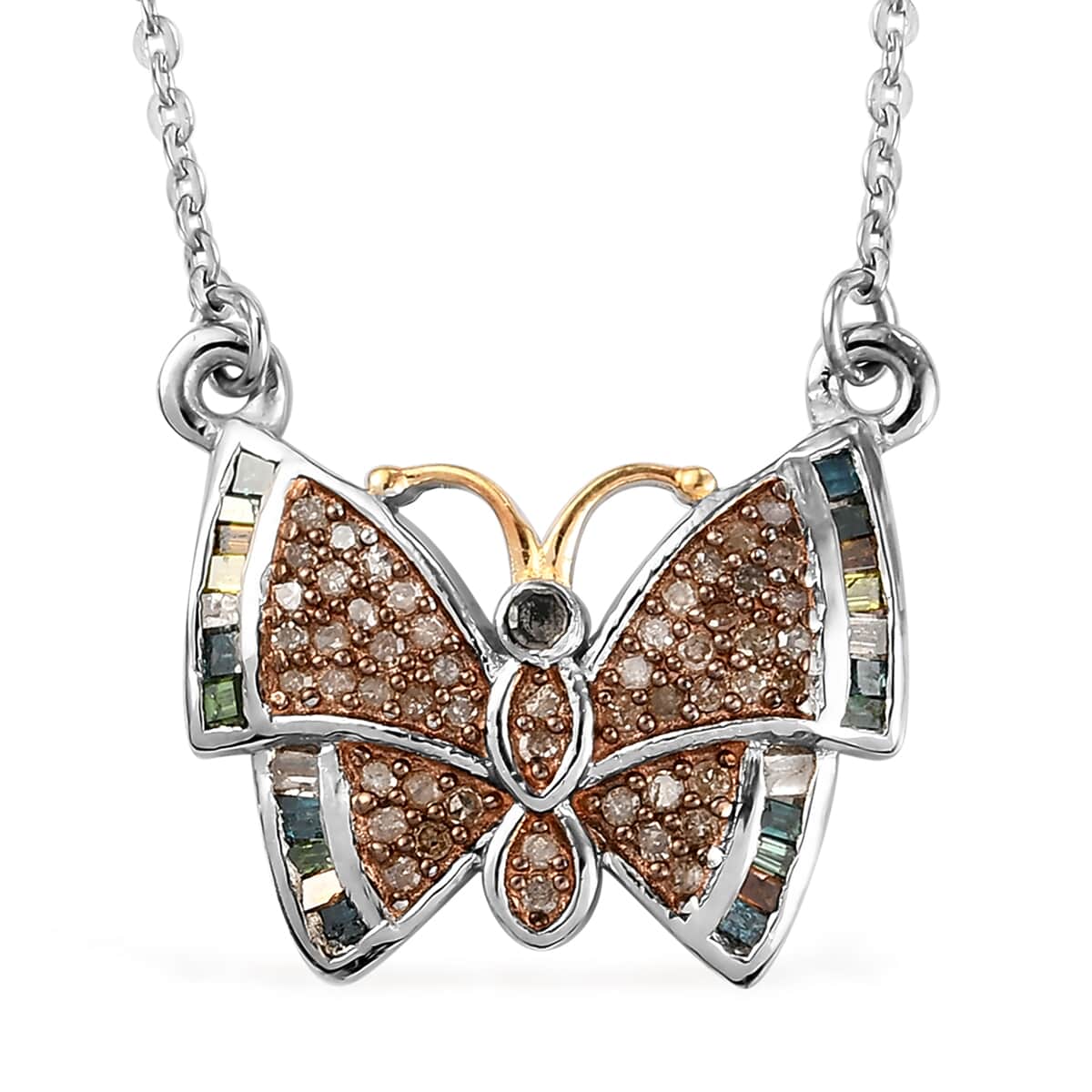GP Italian Garden Collection Multi Diamond Cluster Butterfly Necklace 20 Inches in Vermeil Yellow Gold and Platinum Over Sterling Silver 0.50 ctw image number 0
