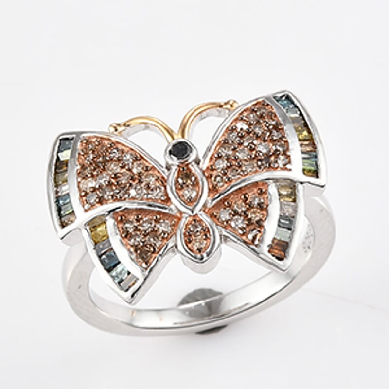 GP Italian Garden Collection Multi Diamond 0.50 ctw Butterfly Ring , Multi Diamond Ring ,Vermeil YG and Platinum Over Sterling Silver Ring (Size 10.00)
