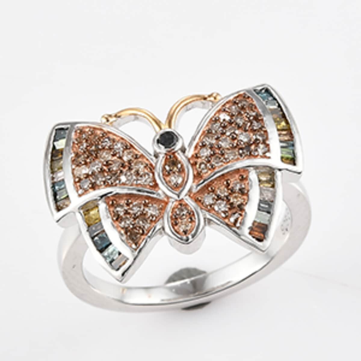 GP Italian Garden Collection Multi Diamond Butterfly Ring in Vermeil Yellow Gold and Platinum Over Sterling Silver (Size 10.0) 0.50 ctw image number 0