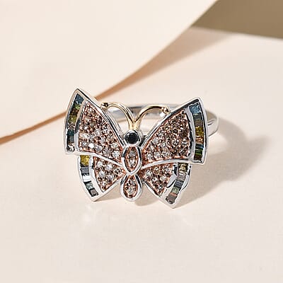 GP Italian Garden Collection Multi Diamond 0.50 ctw Butterfly Ring , Multi Diamond Ring ,Vermeil YG and Platinum Over Sterling Silver Ring (Size 10.00)