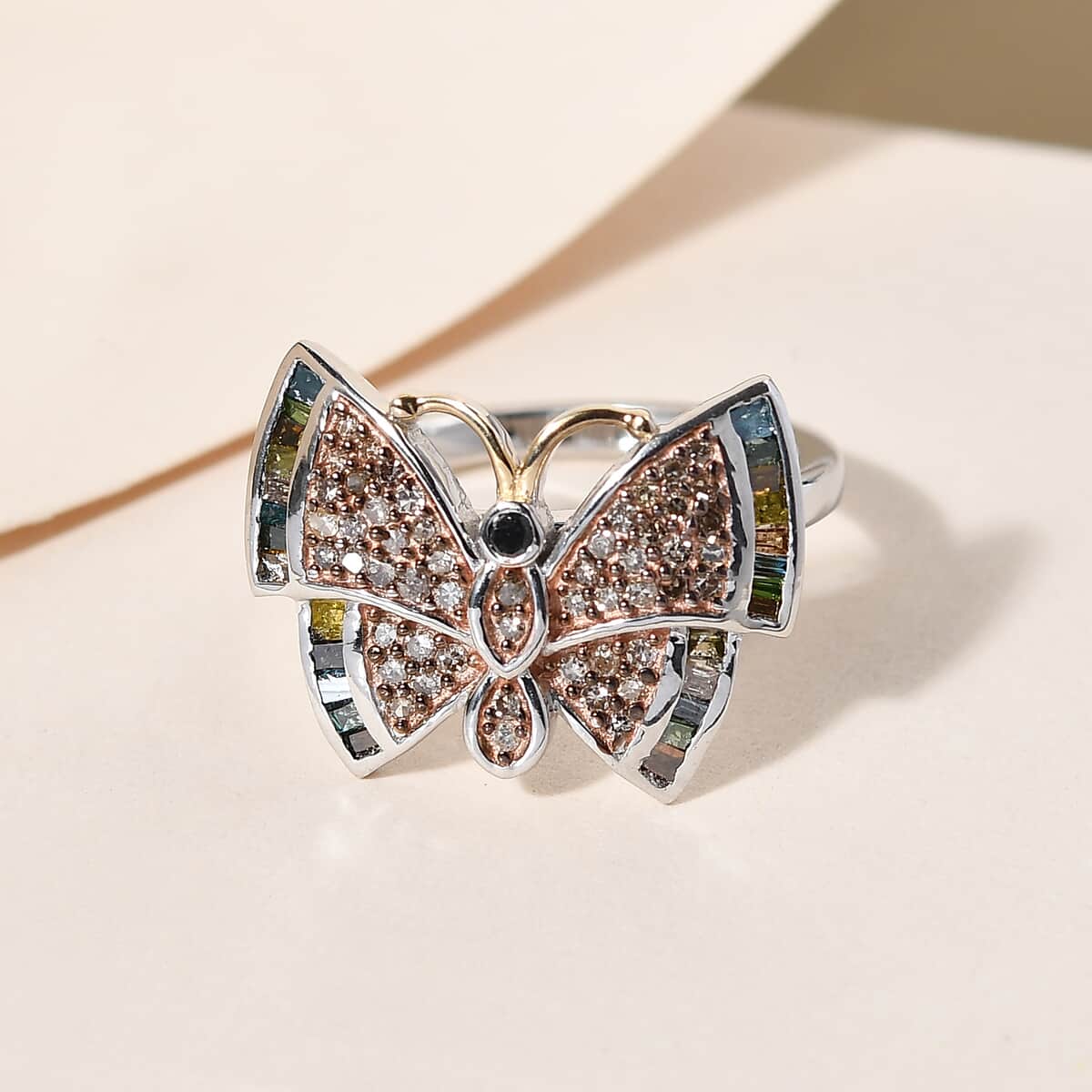 GP Italian Garden Collection Multi Diamond Butterfly Ring in Vermeil Yellow Gold and Platinum Over Sterling Silver (Size 10.0) 0.50 ctw image number 1