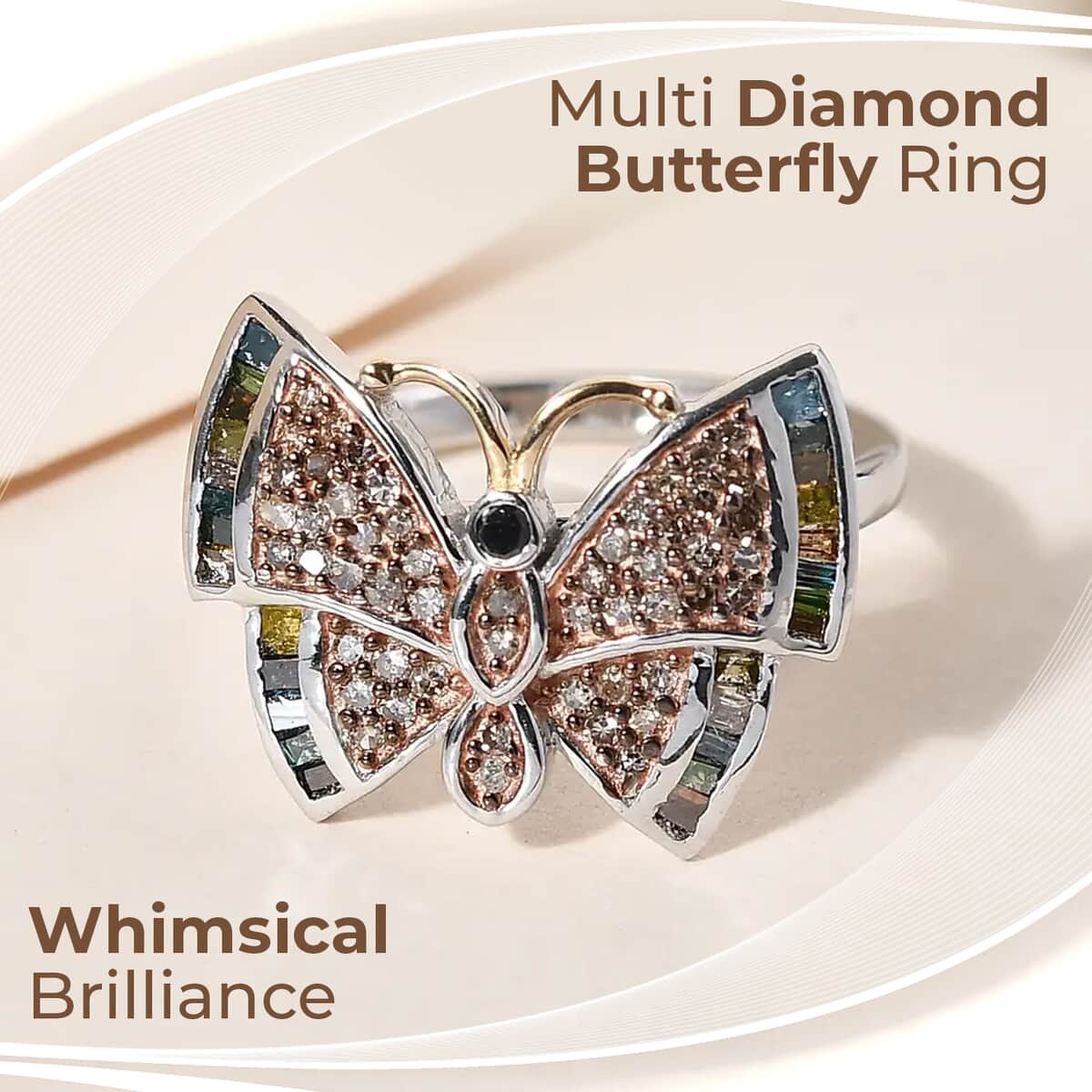 GP Italian Garden Collection Multi Diamond Butterfly Ring, Multi Diamond Ring, Vermeil YG and Platinum Over Sterling Silver Ring 0.50 ctw image number 1