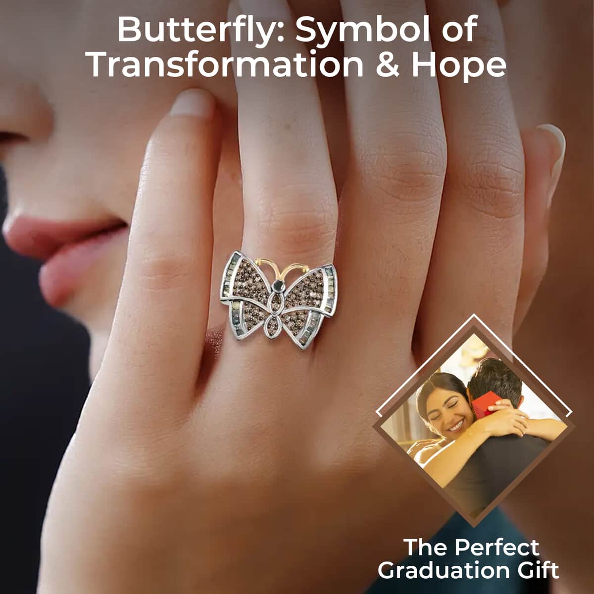 GP Italian Garden Collection Multi Diamond Butterfly Ring, Multi Diamond Ring, Vermeil YG and Platinum Over Sterling Silver Ring 0.50 ctw image number 2