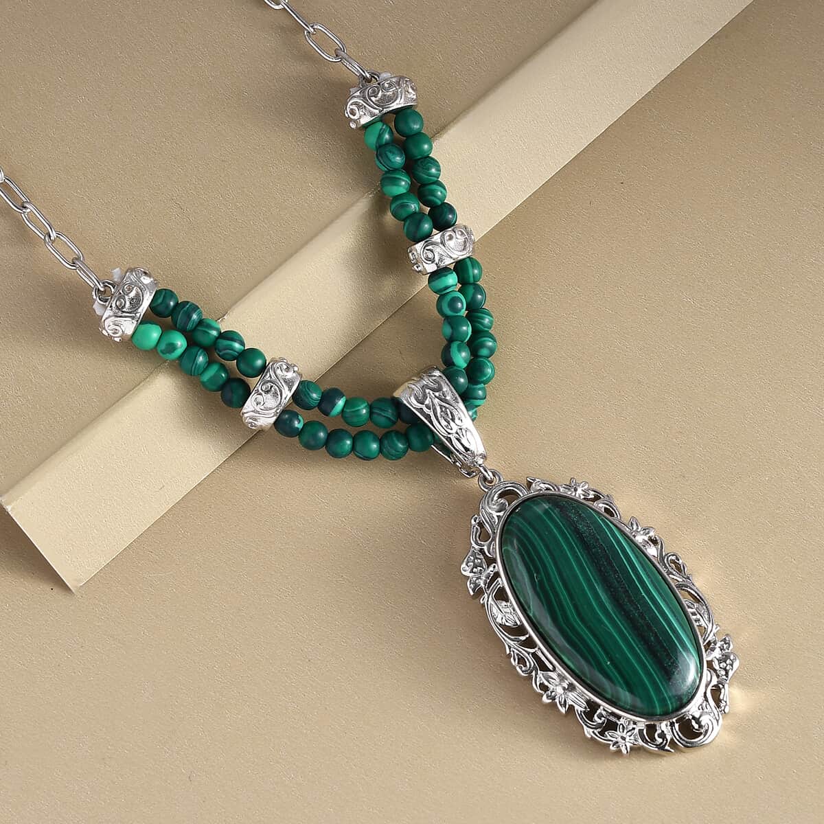 TLV African Malachite Necklace (18 Inches) in Platinum Over Copper 39.15 ctw image number 1