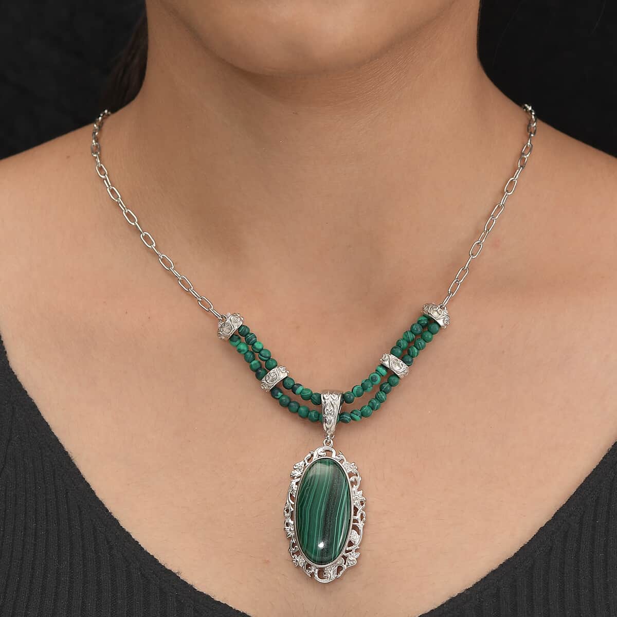 African Malachite Paper Clip Chain Necklace 18 Inches in Platinum Over Copper with Magnet 39.15 ctw image number 2