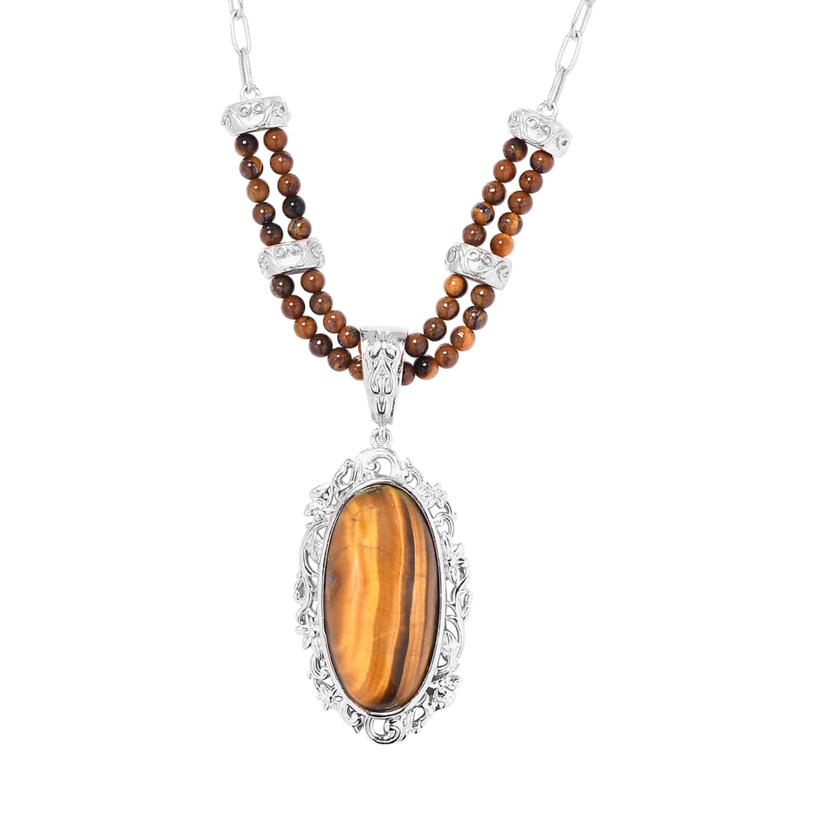 Tiger's Eye Paper Clip Chain Necklace 18 Inches in Platinum Over Copper with Magnet 31.25 ctw image number 0