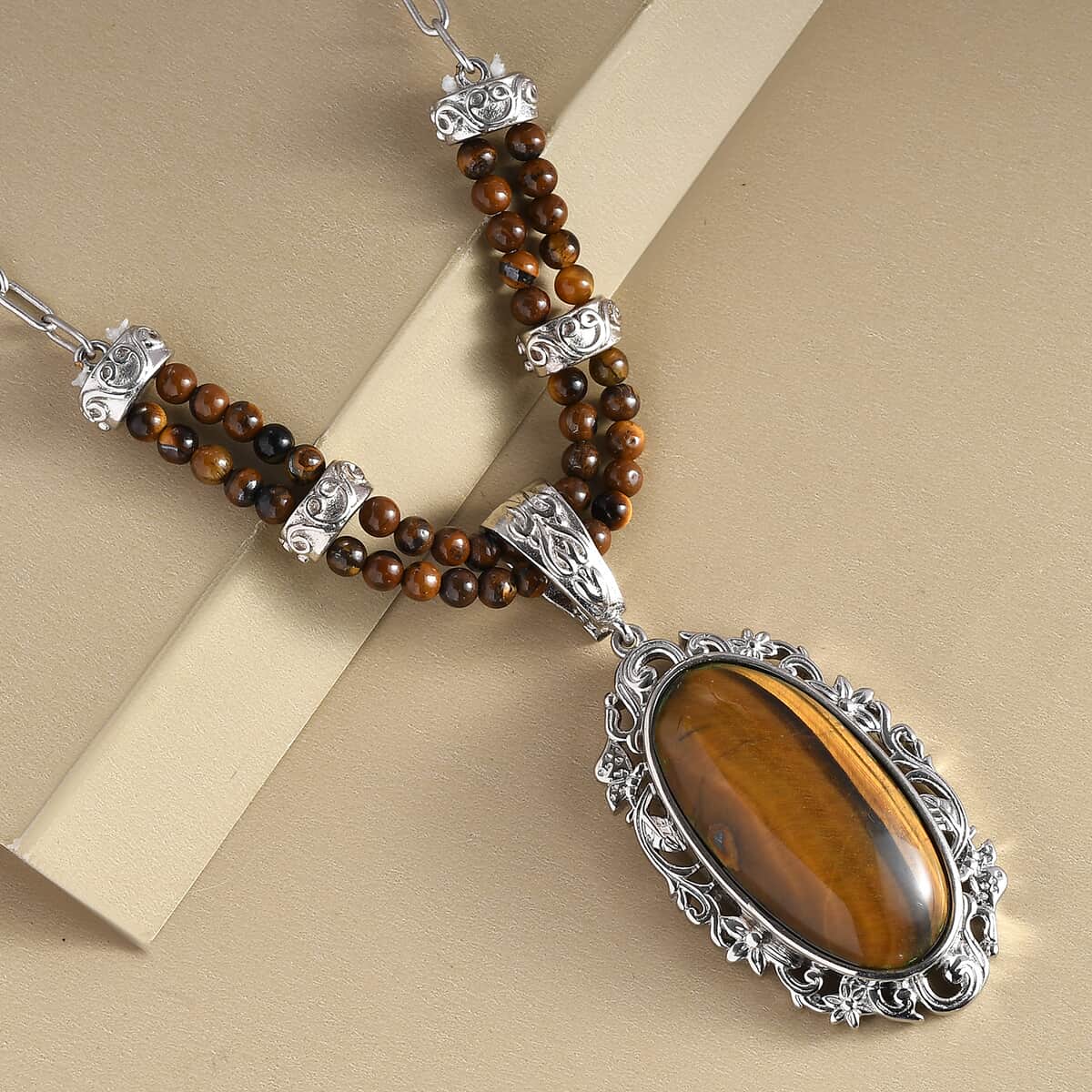 Tiger's Eye Paper Clip Chain Necklace 18 Inches in Platinum Over Copper with Magnet 31.25 ctw image number 1