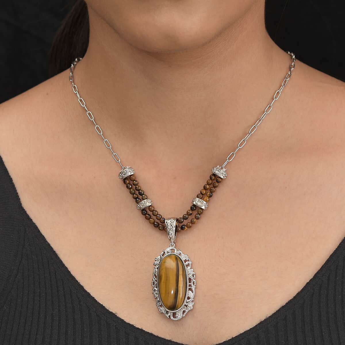 Tiger's Eye Paper Clip Chain Necklace 18 Inches in Platinum Over Copper with Magnet 31.25 ctw image number 2