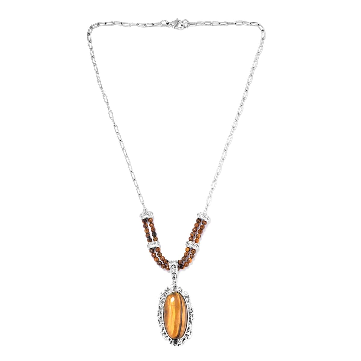 Tiger's Eye Paper Clip Chain Necklace 18 Inches in Platinum Over Copper with Magnet 31.25 ctw image number 3