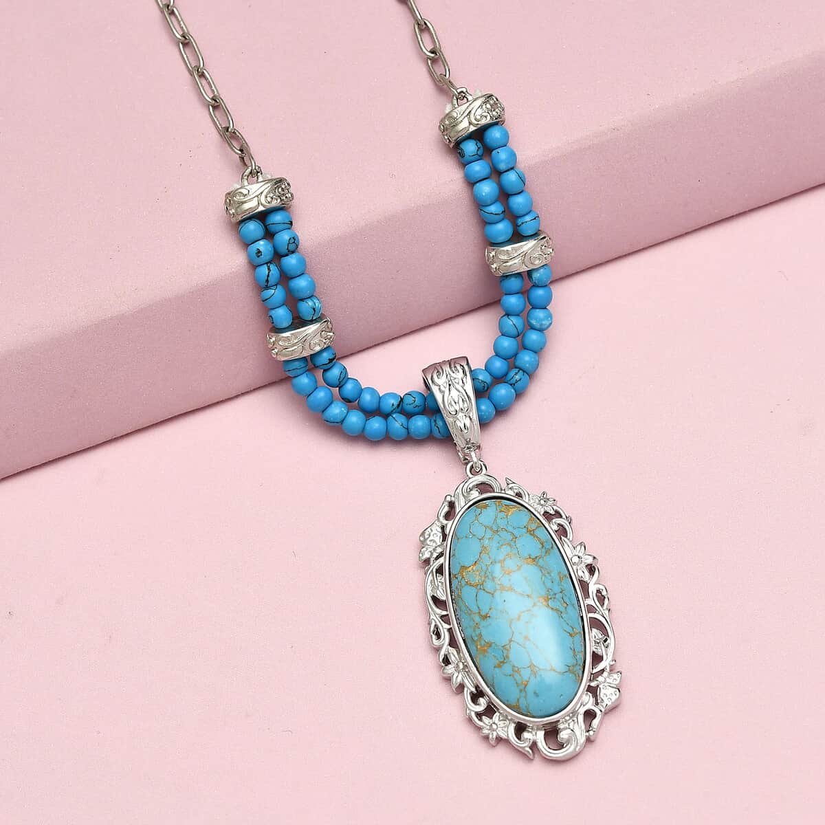 Mojave Blue Turquoise Paper Clip Chain Necklace 18 Inches in Platinum Over Copper with Magnet 27.30 ctw image number 1