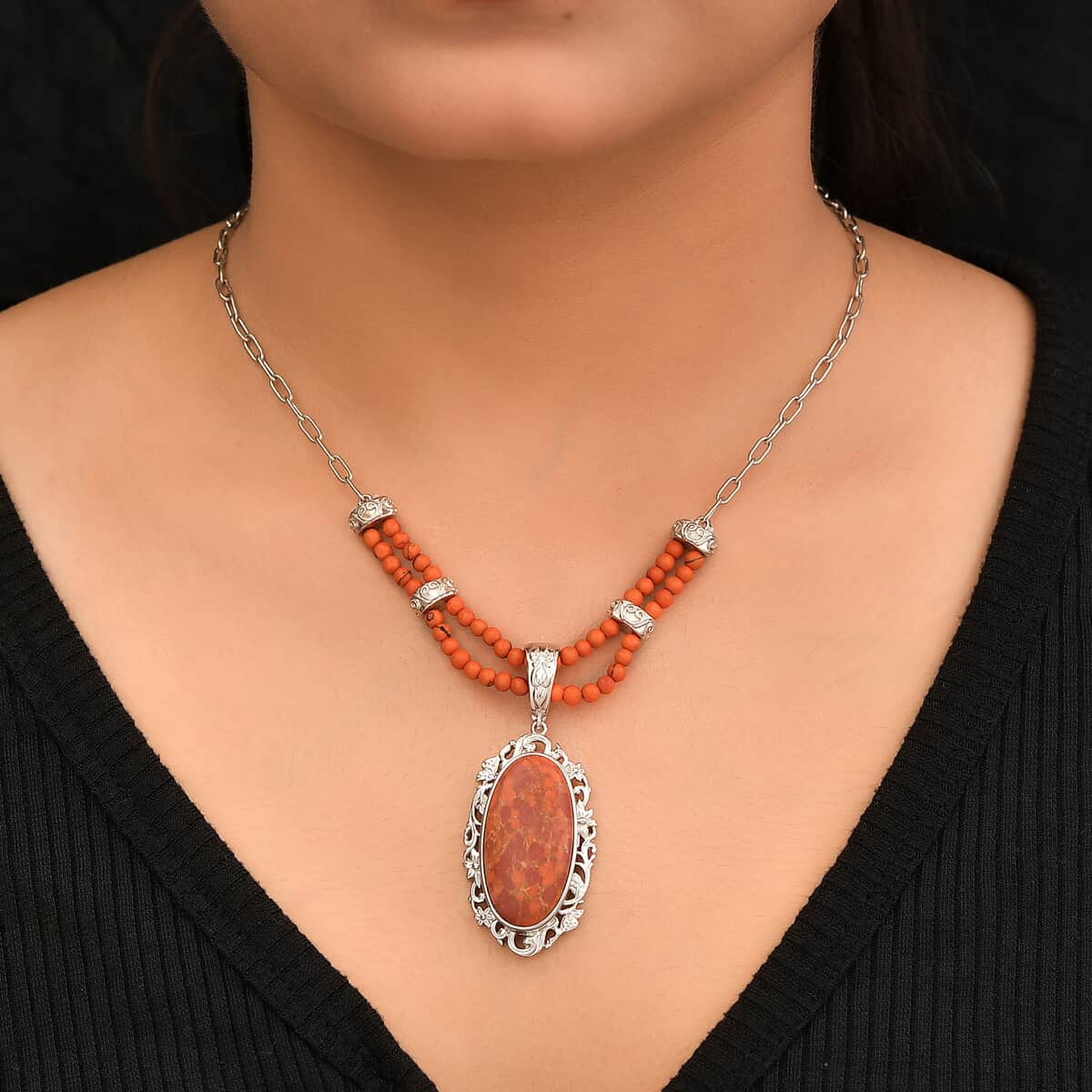 Mojave Orange Turquoise Paper Clip Chain Necklace 18 Inches in Platinum Over Copper with Magnet 36.15 ctw image number 2