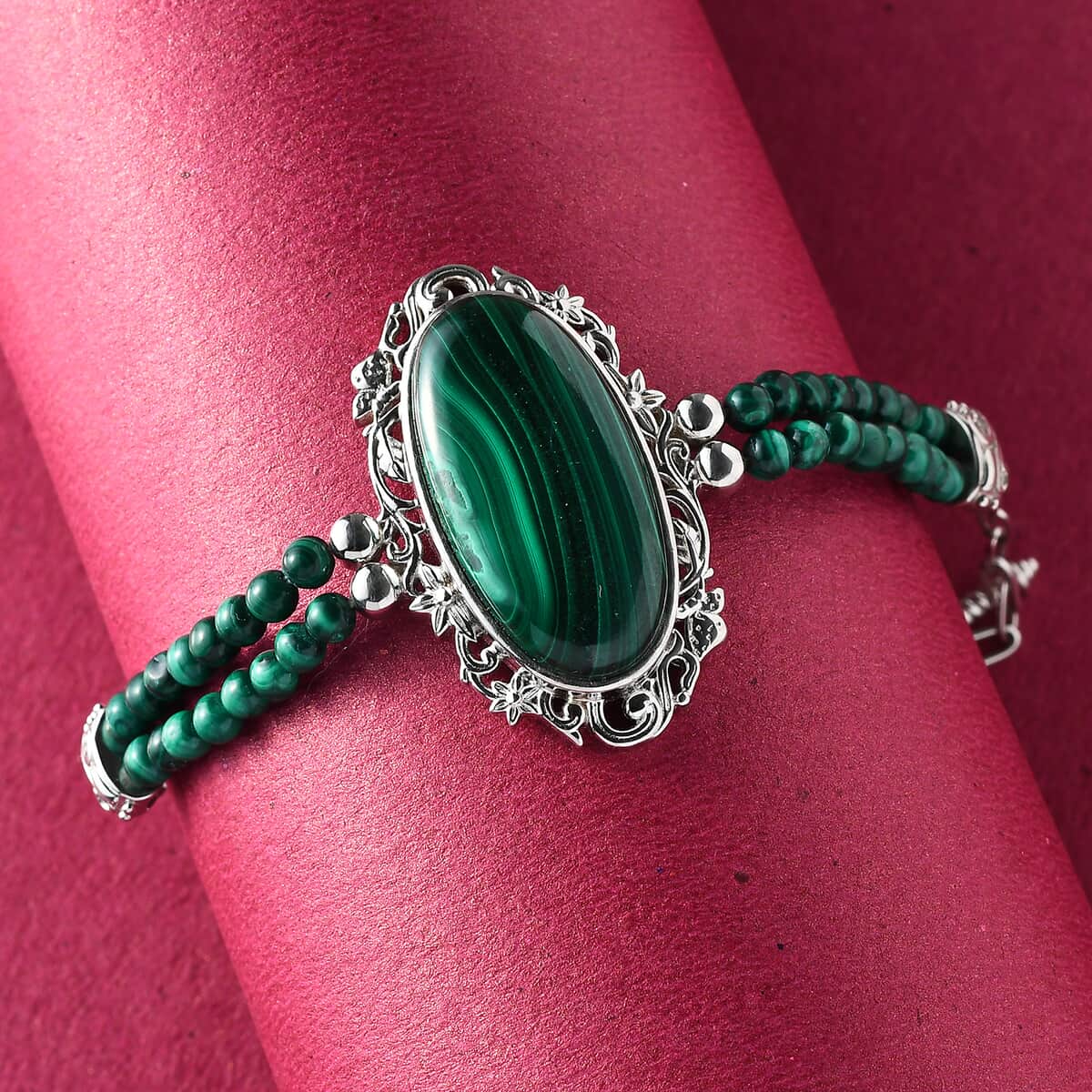African Malachite Paper Clip Chain Toggle Clasp Bracelet in Platinum Over Copper with Magnet (7.25-8.00In) 45.35 ctw image number 1