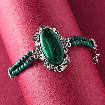 African Malachite Paper Clip Chain Toggle Clasp Bracelet in Platinum Over Copper with Magnet (7.25-8.00In) 45.35 ctw