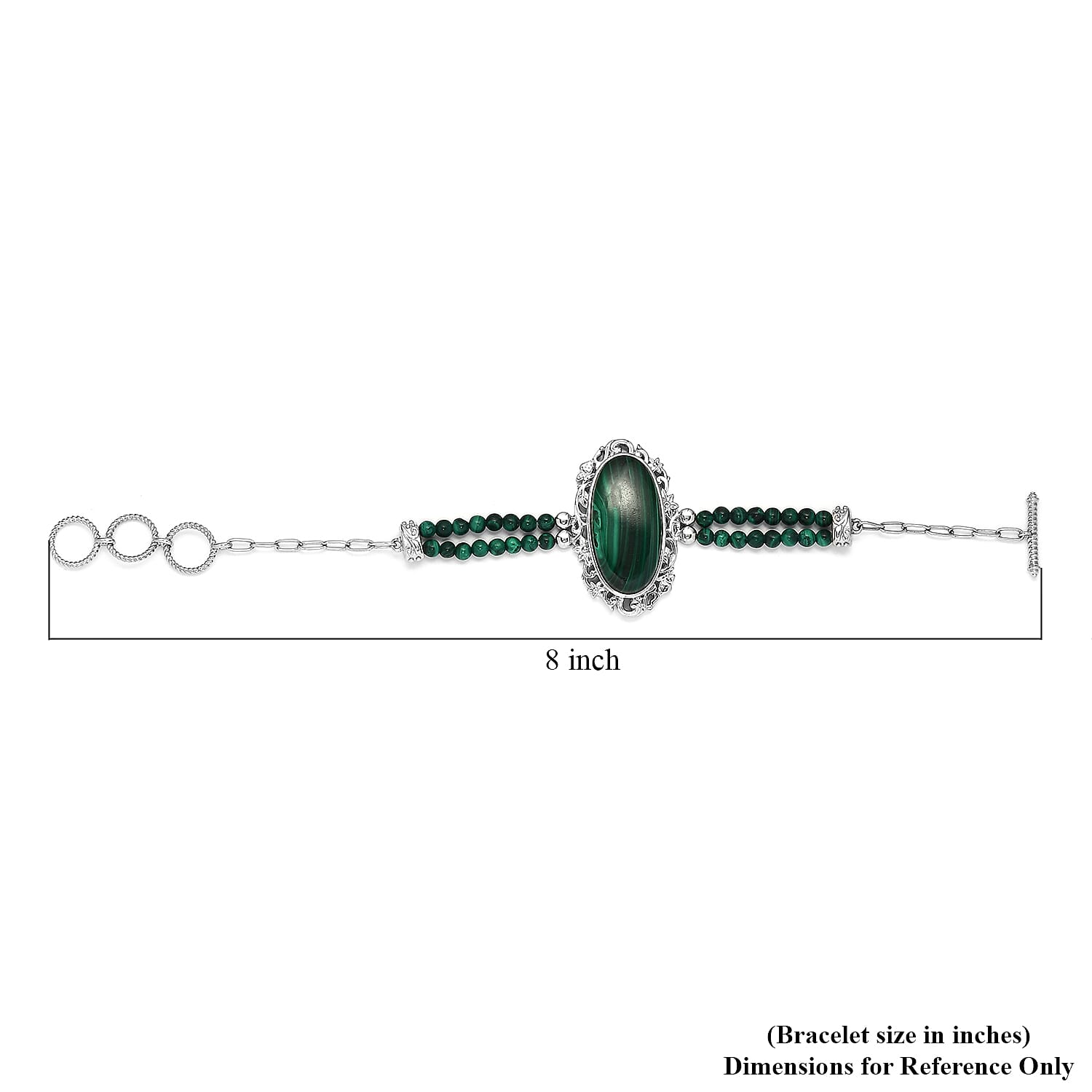 African Malachite Paper Clip Chain Toggle Clasp Bracelet in Platinum Over Copper with Magnet (7.25-8.00In) 45.35 ctw