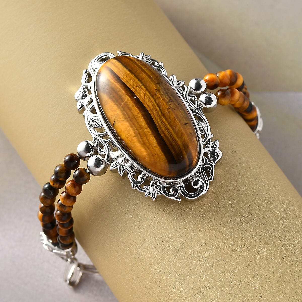 Tiger's Eye Paper Clip Chain Toggle Clasp Bracelet in Platinum Over Copper with Magnet (7.25-8.00In) 35.75 ctw image number 1