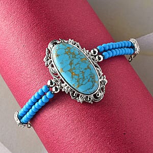 Mojave Blue Turquoise Paper Clip Chain Toggle Clasp Bracelet in Platinum Over Copper with Magnet (7.25-8.00In) 32.40 ctw