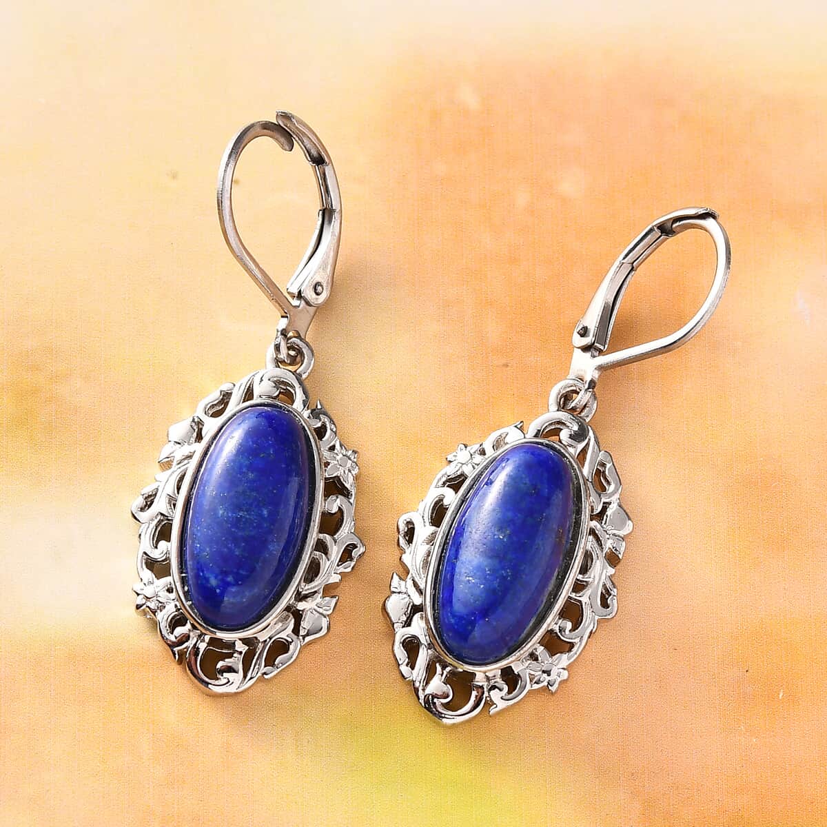 Lapis Lazuli Solitaire Lever Back Earrings in Platinum Over Copper with Magnet and Stainless Steel 8.15 ctw , Tarnish-Free, Waterproof, Sweat Proof Jewelry image number 1