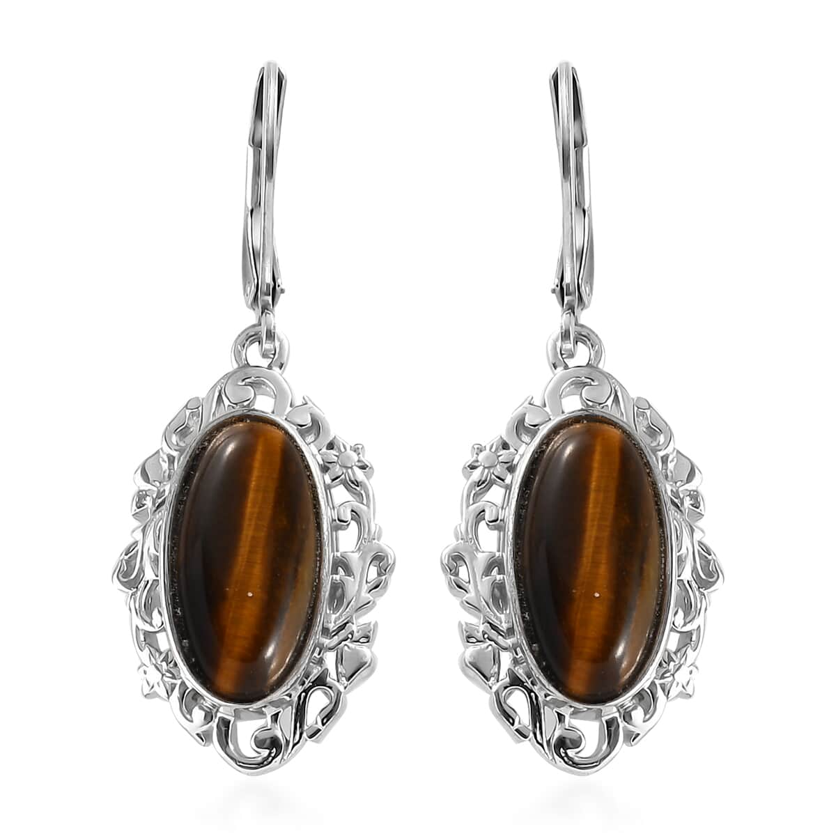 Tiger's Eye Solitaire Lever Back Earrings in Platinum Over Copper with Magnet and Stainless Steel 7.40 ctw , Tarnish-Free, Waterproof, Sweat Proof Jewelry image number 0