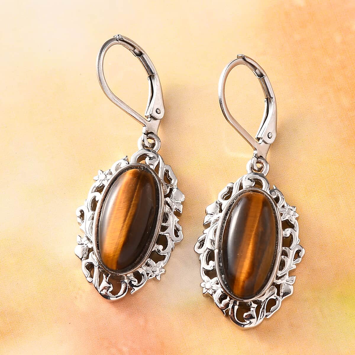 Tiger's Eye Solitaire Lever Back Earrings in Platinum Over Copper with Magnet and Stainless Steel 7.40 ctw , Tarnish-Free, Waterproof, Sweat Proof Jewelry image number 1