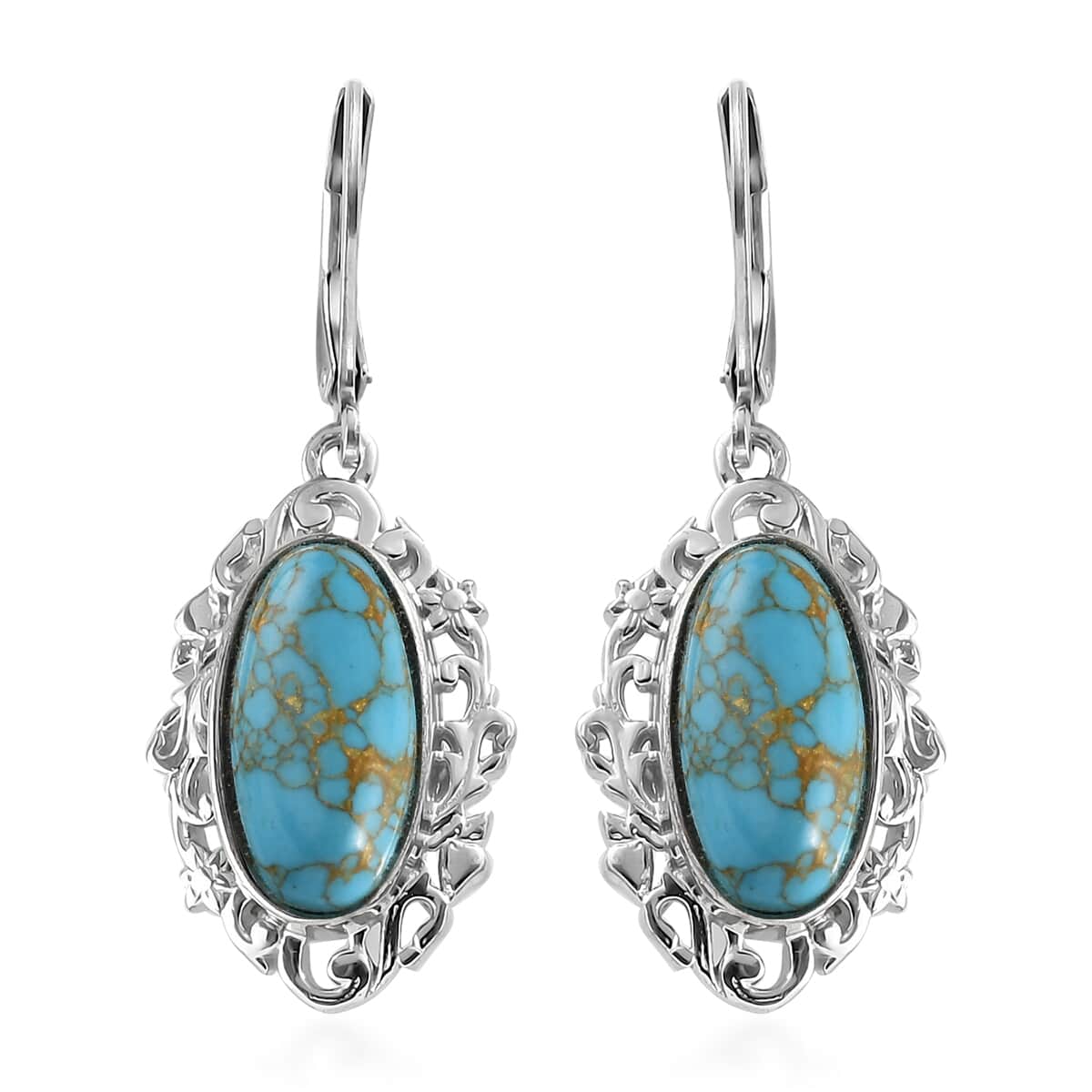 Mojave Blue Turquoise Solitaire Lever Back Earrings in Platinum Over Copper with Magnet and Stainless Steel 5.70 ctw image number 0
