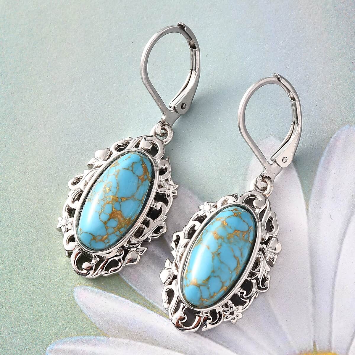Mojave Blue Turquoise Solitaire Lever Back Earrings in Platinum Over Copper with Magnet and Stainless Steel 5.70 ctw image number 1