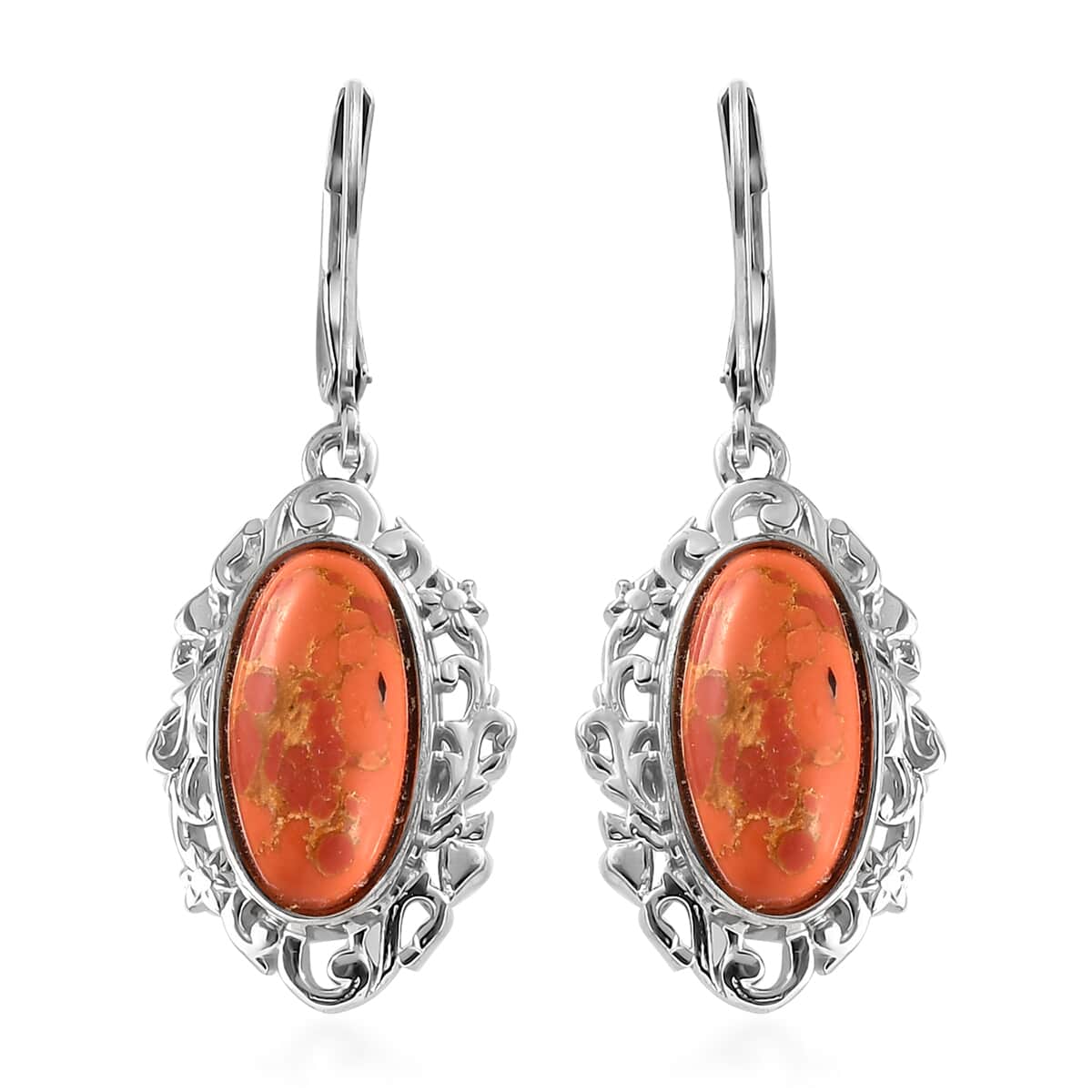 Mojave Orange Turquoise Solitaire Lever Back Earrings in Platinum Over Copper with Magnet and Stainless Steel 5.85 ctw image number 0