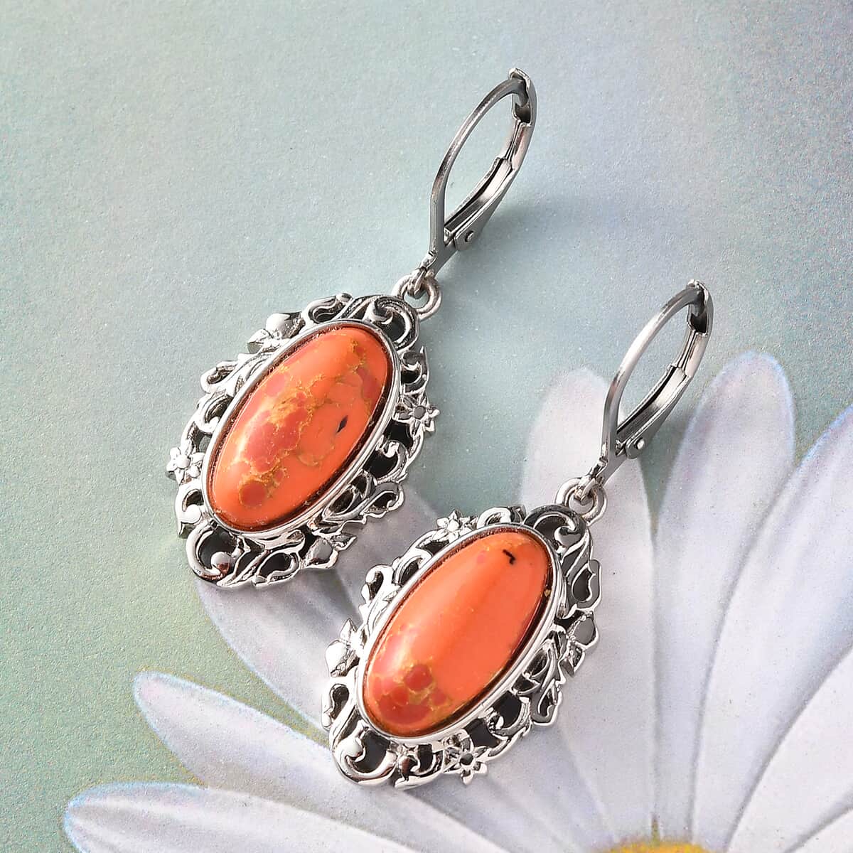 Mojave Orange Turquoise Solitaire Lever Back Earrings in Platinum Over Copper with Magnet and Stainless Steel 5.85 ctw image number 1