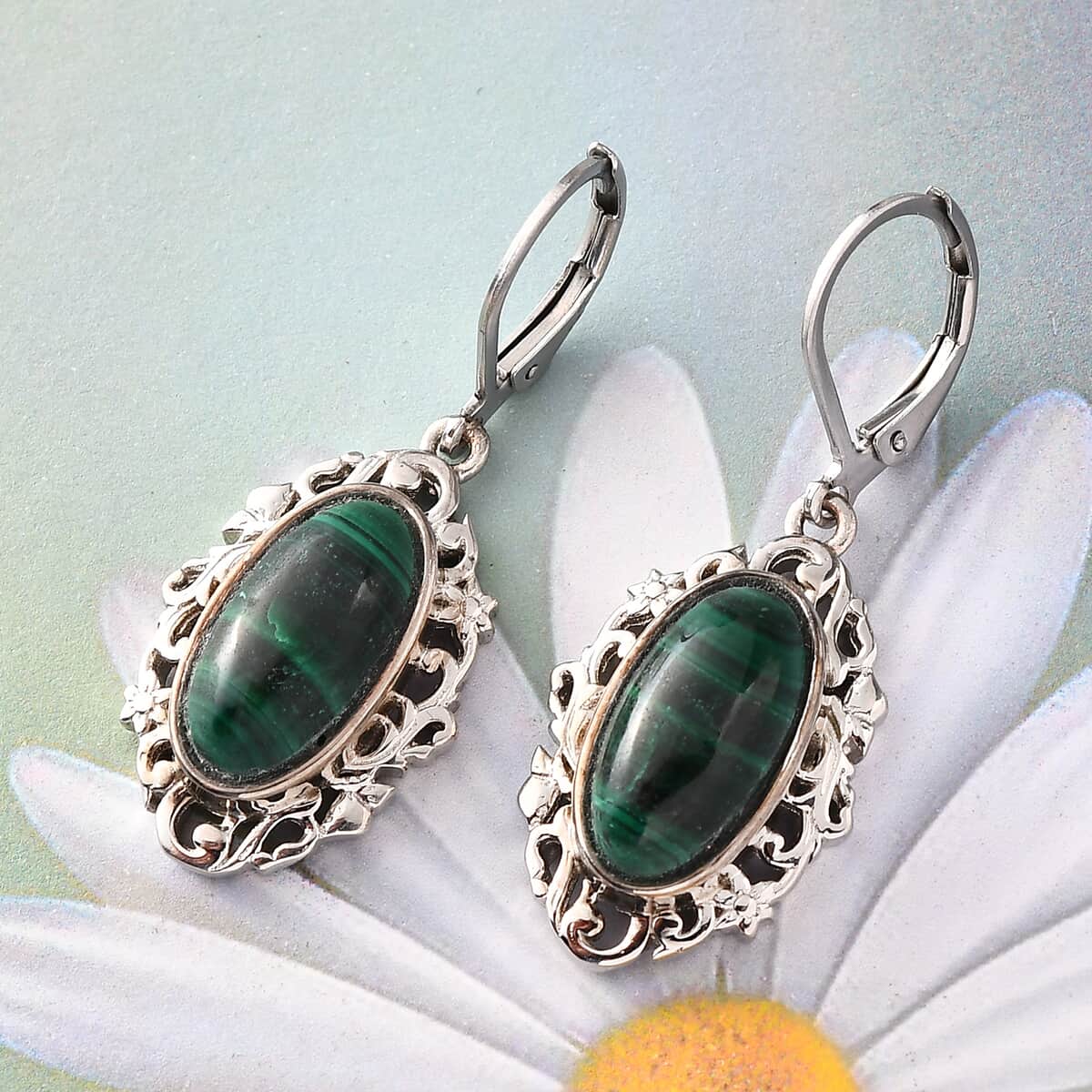 African Malachite Solitaire Lever Back Earrings in Platinum Over Copper with Magnet and Stainless Steel 8.85 ctw image number 1